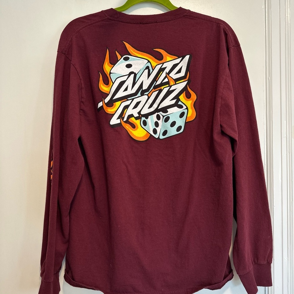 Santa Cruz Skate Y2K Retro Style Maroon Long sleeve Sz:L Flaming Dice Streetwear